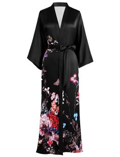 Black Silk Nightgown And Robe, Elegant Black Satin Kimono, Black Silk Long Sleeve Robe, Luxury Black Silk Kimono, Silk Bathrobe, Long Silk Kimono, Floral Print Long Sleeve Sleep Kimono, Kimono Dressing Gown, Kimono Blouse