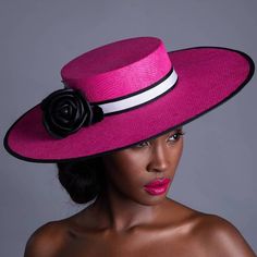 This gorgeous pink boater hat is made from a beautiful paper straw fabric. It is trimmed with a handmade black nappa leather flower and black with white grosgrain ribbon. The head size is 22.5 inches. It also has a hat elastic to secure the hat in place. This pink boater is available to ship immediately. For different colour options please allow 20 working days as the material is specifically ordered in. I ship worldwide. Thank you for looking Black Floppy Hat, Classy Hats, Ascot Hats, Audrey Hepburn Style, Hepburn Style, Boater Hat, Elegant Hats, Leather Flower, Royal Ascot