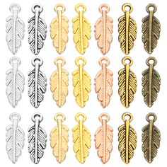 10 pairs of gold and silver tone metal feather charms