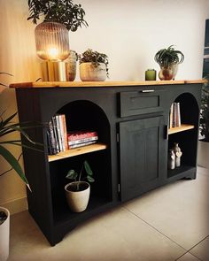 a black entertainment center with books and plants on the top, next to a potted plant