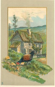 an old postcard with a turkey and chickens in front of a house on a farm