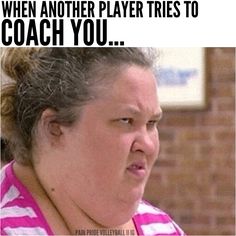 a woman in pink and white striped shirt with text that reads, when another player tries to coach you