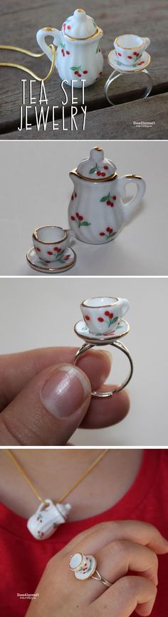 there are three different pictures of tea cups and saucers on the table, one is being held by a woman's hand