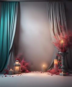 a room with curtains, candles and flowers on the floor