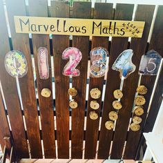 there is a wooden sign that says marvelous maths with buttons on the back of it