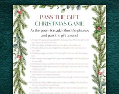 a christmas card with the words pass the gift, christmas game and holly wreaths