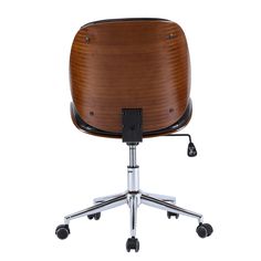 an office chair with wheels and a wooden seat