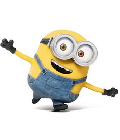 a cartoon minion with big eyes and overalls is doing the splits in front of him