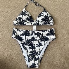 High Waisted Palm Tree Bikini. Size M. White High Waist Tankini For Sunbathing, White High-waist Tankini For Sunbathing, White High Waist Tankini For Vacation, White High-waist Tankini For Vacation, White High Waist Summer Tankini, White Triangle Top Tankini For Vacation, High Waist White Swimwear For Vacation, White Tropical High Waist Swimwear, White High Waist Tropical Swimwear