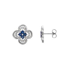 Women's earrings features 8 round blue sapphires and 56 round cut diamonds set in solid 14k white gold with push backs. Fine Jewelry Sapphire Diamond Earrings, Sapphire Diamond Accented Earrings In Fine Jewelry, Sapphire Diamond Earrings With Accents, Blue Diamond Earrings With Diamond Accents, Blue Diamond Earrings With Accents, Sapphire Earrings With Pave Setting In Fine Jewelry Style, Sapphire Earrings With Pave Setting, White Gold Sapphire Earrings With Pave Setting, White Gold Sapphire Diamond Earrings