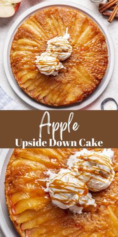 apple upside down cake with whipped cream on top and an image of the inside of it