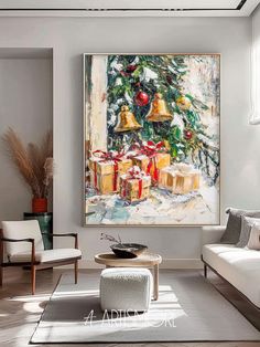 a living room with a christmas tree and presents on the table in front of it