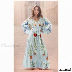 Olivia Mark - Embroidered Floral Collar Maxi Dress with Flared Sleeves Spring V-neck Dress With Multicolor Embroidery, Spring Cotton V-neck Embroidered Dress, Embroidered V-neck Vacation Dress, Spring Festival Embroidered V-neck Dress, Casual Multicolor Embroidered V-neck Dress, V-neck Embroidered Maxi Dress For Summer, Spring Floral Print Embroidered Maxi Dress, Spring Floral Print Maxi Embroidered Dress, Flowy Casual Maxi Dress With Floral Embroidery