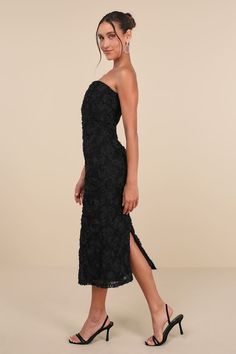 Black 3D Floral Dress - 3D Applique Dress - Strapless Midi Dress - Lulus Glamorous Strapless Midi Dress For Date Night, Black Strapless Midi Dress For Gala, Black Strapless Dress With Straight Neckline For Party, Black Strapless Dress With Straight Neckline For Spring, Black Dress With Straight Neckline For Gala, Black Strapless Midi Dress For Prom, Black Midi Dress With Straight Neckline For Party, Black Midi Strapless Dress For Prom, 3d Floral Dress