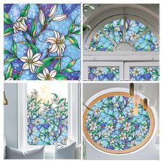 four different views of stained glass windows with flowers on them