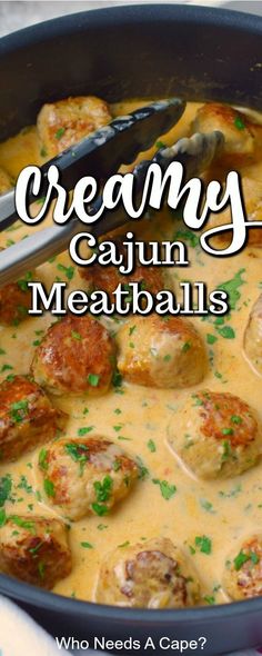 creamy cajun meatballs with cheese sauce in a skillet