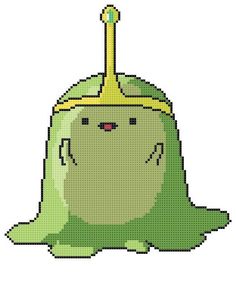 a cross stitch pattern of a green creature with a yellow crown on it's head