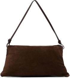 Suede shoulder bag in brown. · Knotted detailing at fixed shoulder strap · Logo embossed at back face · Zip closure · Zip pocket at interior · Suede lining · H7.75 x W15.5 x D6.25 Supplier color: Mahogany Suede Bag, Fall Items, Shoulder Strap Bag, Suede Belt, Studded Belt, Fashion People, Chic Fashion, Black Leather Boots, T Strap