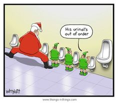 santa claus is trying to get out of the urinals with little green people