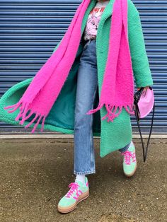 Green teddy coat. Pink flufft scarf. Adidas gazelle trainers. Topshop jeans. Ganni bag. Pink And Green Winter Outfit, Pink And Green Gazelles, Green Teddy Coat Outfit, Hot Pink Boots Outfit, Adidas Gazelle Street Style, Pink Trainers Outfit, Pink Gazelle Adidas Outfit, Adidas Gazelle Women Outfit, Green Winter Outfits