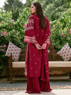 Cherry Red Embroidered Pakistani Crushed Sharara kameez with Dupatta is the ultimate Pakistani party dress for those who desire both luxury and elegance. Made from Premium Chiffon Fabric, this stunning masterpiece is sure to capture your heart with its breathtaking charm and exquisite design. Embroidered Kameez: This Pakistani Party Dress comes with Hand-Crafted Embroidery and Intricate details, this Pakistani dress is a true epitome of beauty and grace. Every stitch is carefully placed to creat Red Georgette Kurta With Dabka Detailing, Red Georgette Kurta With Dabka, Red Dabka Embroidered Georgette Kurta, Red Georgette Lawn Suit With Dabka, Red Chinon Salwar Kameez With Dabka Detail, Red Chinon Salwar Kameez With Dabka, Elegant Red Cambric Kurta, Festive Cambric Palazzo Set With Intricate Embroidery, Designer Red Georgette Lawn Suit