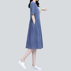 Feel the nostalgia of the '90s with our 2023 Spring-Summer Collection elegant half-sleeve denim dress! Be the trendsetter you're meant to be and embrace the trend renaissance with this stylish and durable piece that will have you radiating confidence and style.Why You'll Love It: 90s Style: Get that vintage-inspired look and make a statement with a classic design. Monochrome: With a sleek. slim fit. this traditional design will never go out of style. Long: With a pull-on closure. this dress is p Blue Half-sleeve Midi Dress For Spring, Blue Half Sleeve Midi Dress For Spring, Non-stretch Short Sleeve Midi Dress For Summer, Blue Non-stretch Denim Dress With Short Sleeves, Denim Blue Short Sleeve Dresses With Pockets, Blue Midi Dress With 3/4 Sleeves For Summer, Blue 3/4 Length Midi Dress For Summer, Blue Summer Midi Dress 3/4 Length, Casual Summer Dresses With 3/4 Sleeves