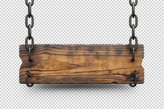 an old wooden sign hanging from chains on a white background with clippings to the bottom