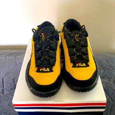 Fila Shoes Sulphur/Black Sold Out Yellow Sneakers With Contrast Sole, Yellow Synthetic Sneakers With Laces, Fila Grant Hill, Shoes Fila, Grant Hill, Camo Sneakers, White Athletic Shoes, Rainbow Sneakers, Fila Shoes