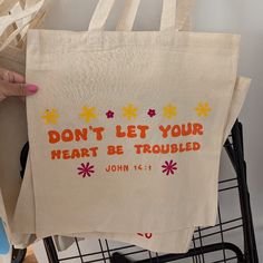 100% Cotton. 15‘’W X 16’’H, Handles Long Enough To Be Carried By Hand And On Shoulder. All Seams Are Reinforced, Ahead Of Competitors. New Tote Bags Don't Let Your Heart Be Troubled Unisex Great Gift Bible Canvas Bag Painting Ideas, Bible Bags Totes Diy, Jesus Tote Bag, Leopard Print Tote