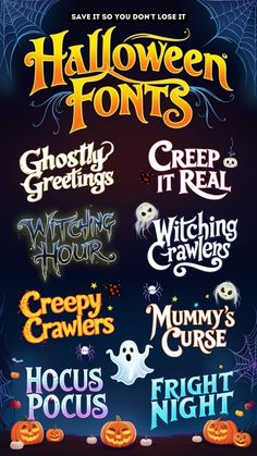 halloween font and numbers with pumpkins on the bottom, ghosty greetings, creepy crawers, witch caulders,