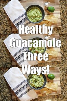 two bowls filled with guacamole on top of a cutting board