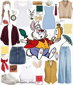 a collage of clothes and accessories including shoes, sweaters, vests, scarves