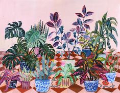 a painting of potted plants on a checkered tablecloth with pink walls in the background