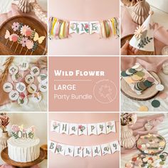 a collage of photos with flowers and decorations on them, including cake toppers