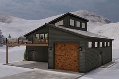 a rendering of a house in the middle of snow covered ground with mountains in the background