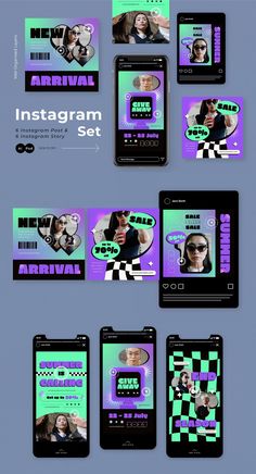 an image of some cell phones with different designs on them and the text instagramm set