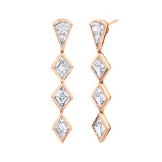 These stunning 3.7 Carat Lozenge Diamond Dangle Earrings are crafted with a classic lozenge diamond cut and set in bezel settings for an elegant look. With a total carat weight of 3.74 and clarity rating of D-E and color rating of VS, these non-certified diamonds are sure to make an eye-catching fashion statement. Available in 18 Carat white, gold, and rose gold. Elegant Octagon Diamond Earrings With Accents, Formal Diamond-shaped Diamond Earrings, Formal Octagon Diamond Earrings, Octagon Diamond Earrings For Formal Events, Octagon Diamond Earrings For Formal Occasions, Diamond-shaped Diamond Earrings For Formal Occasions, Octagon Diamond Cut Earrings, Octagon-shaped Diamond Earrings For Formal Events, Formal Single Cut Asscher Diamond Earrings