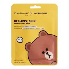 Hydrate and brighten skin with this vitamin C and E-infused sheet mask from Korean beauty experts The CrÃ¨me Shop. Place the adorable Line Friends bear mask on clean skin then lie back and relax while the collagen-supporting, antioxidant-rich ingredients get to work. Material: Plastic, Also could be used for beauty products,self care,spa,face mask,skincare,gift. By Cost Plus World Market.610205 Yellow Beauty Products, Facial Mask Packaging, Beauty Masks Face, Korean Face Mask Aesthetic, Skincare Masks, Korean Mask, Face Mask Skin Care, Mask For Face, Face Mask For Kids