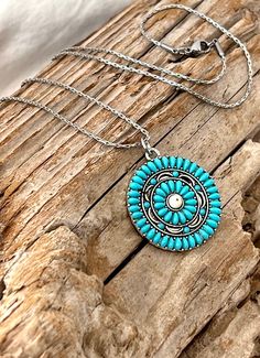 Mandala, Silver Tone Pendant, with Turquoise Blue in color Stones, on a Stainless Steel Snake Chain Necklace  J367 19 Inch Stainless Steel Snake Chain Mandala Pendant Faux Turquoise Blue Charm 28 x 32 mm. This Stainless Steel Chain will not Tarnish and is safe to wear in the water. Stainless Steel is Hypoallergenic and Compatible with Sensitive Skin.  All Charms are Lead free Nickel free Zinc Alloy Metal. If you are Interested in Purchasing more of this Necklace then I have in Inventory, please Mandala Pendant, Snake Gift, Circle Charm Necklace, Mandala Jewelry, Mandala Necklace, Antler Necklace, Blue Charm, Western Accessories, Snake Chain Necklace