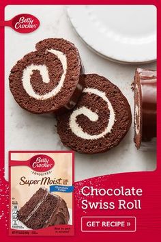 an advertisement for betty crocker's chocolate swiss roll with cream swirls