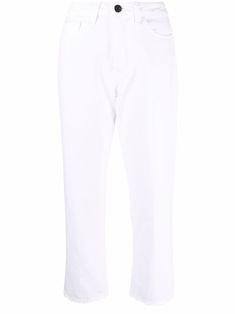 optic white cotton high waist belt loops front button and zip fastening classic five pockets straight leg cropped raw-cut hem Woman Jeans, White Woman, Jeans Cropped, Blazer Vest, Short Leggings, Knitwear Cardigan, Leather Gloves, Leather Accessories, Waist Belt