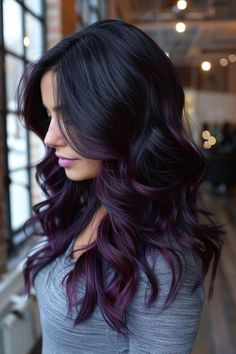 11. Plum and Black Cherry Waves - Black Cherry Hair Color Ideas - Black Cherry Hair Color Ideas Black Violet Hair Color, Navy Black Hair, Dark Purple Ombre Hair, Cherry Coke Hair Color Brown, Black To Purple Ombre Hair, Eggplant Purple Hair, Magenta Balayage, Black And Purple Hair, Deep Purple Hair