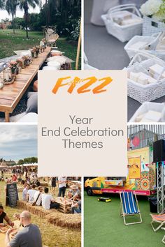 the year end celebration themes are featured in this collage with images of people eating and drinking