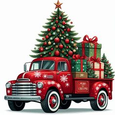 an old red truck with a christmas tree and presents on the back is parked in front of a white background