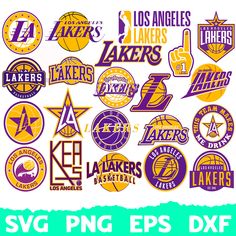 the los angeles lakers basketball team logos are shown in purple, yellow and orange colors