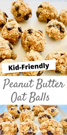 easy no bake peanut butter oat balls on a white plate with text overlay