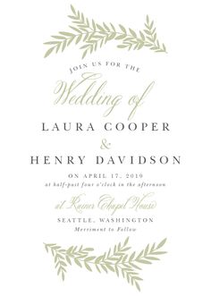 an elegant wedding card with greenery on it