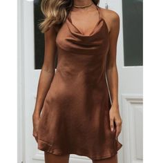 Never Worn And In Perfect Condition! Casual Brown Mini Dress For Party, Elegant Brown Mini Dress For Going Out, Summer Brown Dresses For Going Out, Brown Summer Dress For Going Out, Brown V-neck Mini Dress For Formal Occasions, Brown V-neck Cocktail Dress, Elegant Brown V-neck Mini Dress, Evening Brown V-neck Mini Dress, Satin Halter Dress