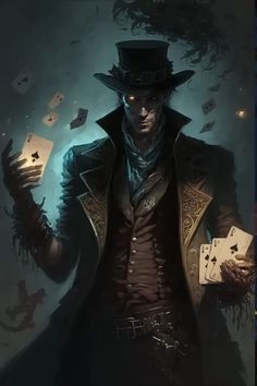 a man wearing a top hat and holding playing cards in his right hand while standing next to him