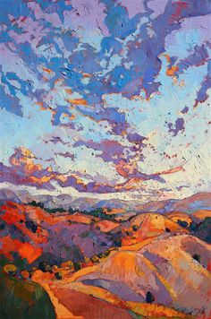 an oil painting of clouds and hills